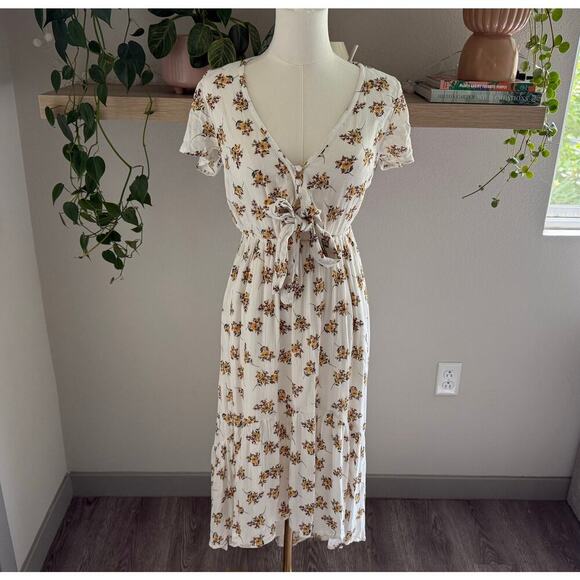 Abercrombie & Fitch XS White Floral Tie Front Midi Dress Boho Cottagecore - Picture 1 of 10